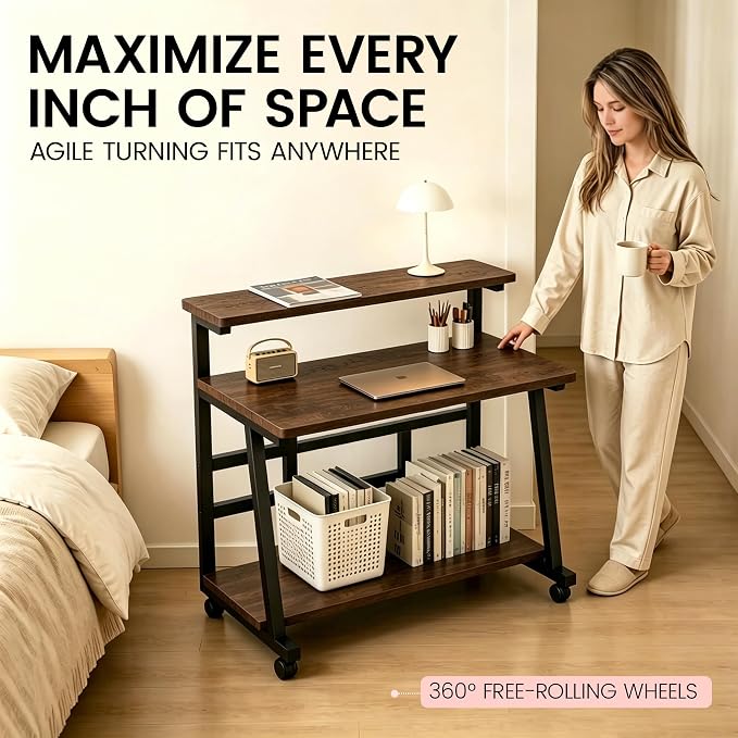 47.2 Inch Compact Rolling Computer Desk with Tier Worktable & Lockable Wheels, Small Computer Desk, Small Desk for Bedroom, Mobile Writing Workstation Easy Assembly for Home Office Small Spaces