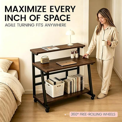 31.5 Inch Compact Rolling Computer Desk with Tier Worktable & Lockable Wheels, Small Computer Desk, Small Desk for Bedroom, Mobile Writing Workstation Easy Assembly for Home Office Small Spaces