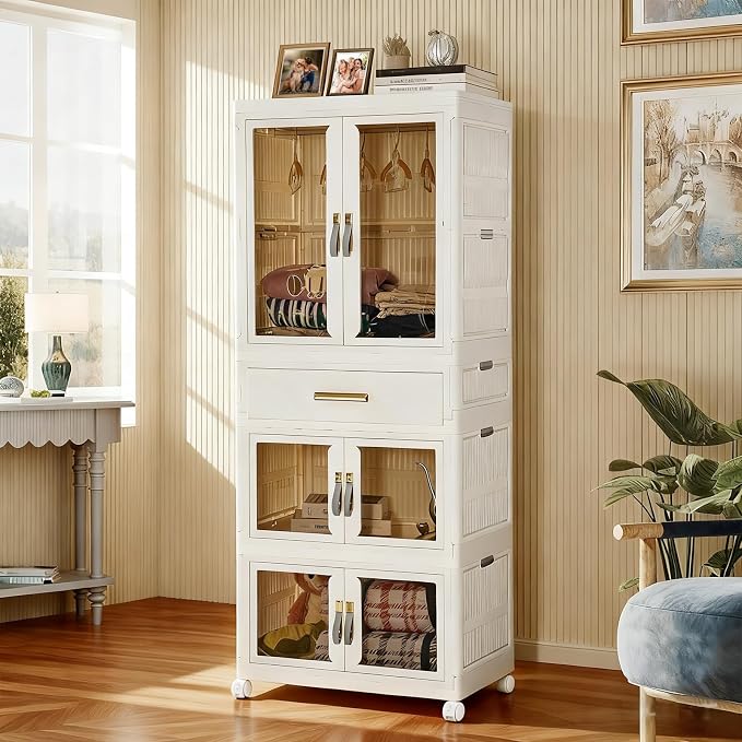 Pet Portable Wardrobe Closet with Doors, Pet Wardrobe Storage Cabinet with Hanging Rod Storage Organizer Large Plastic Storage Cabinet for Pet Clothes, Toys, Snacks, Plastic folding storage box units