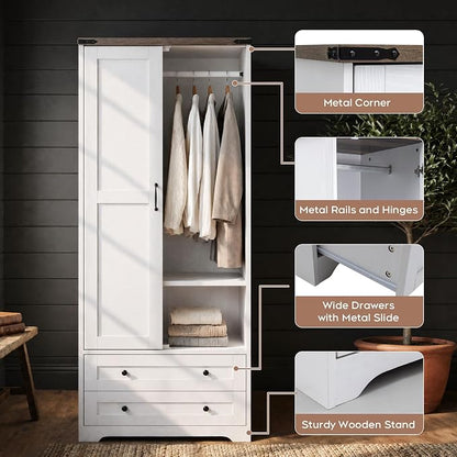 Yechen 71" Wooden Armoire Wardrobe Closet - Modern Functional Clothes Tall Storage Cabinet with Adjustable Shelf and Hanging Rail, Sturdy Freestanding Closet Wardrobe with 2 Wide Drawers for Bedroom