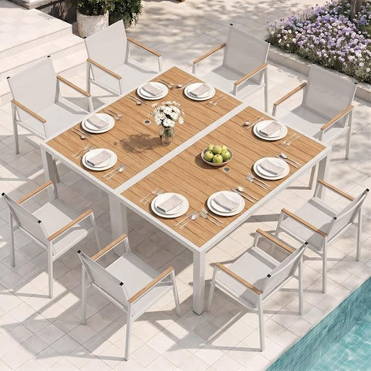 Outdoor Dining Set for 8, Aluminum Patio Table and Chairs Set, 10-Piece All Weather Patio Dining Furniture Set with Umbrella Hole for Backyard, Deck, Poolside (White-Teak)