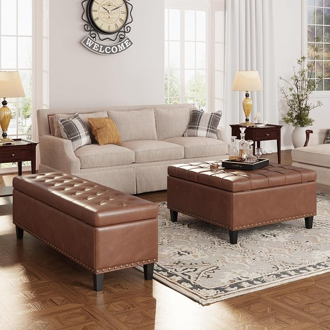 FiveWillowise Square Leather Ottoman with Storage, Faux Leather Coffee Table with Lift Top,Large Upholstered Footrest Stool Toy Box Storage Bench for Bedroom Living Room, Brown