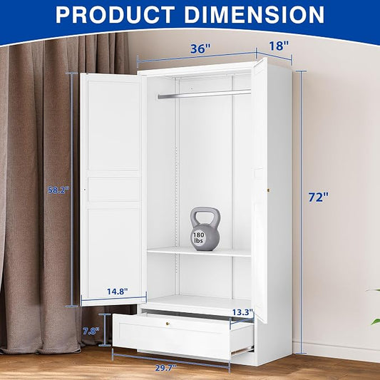 BYNSOE Metal Armoire Wardrobe Closet with 2 Doors 72'' Wardrobe Cabinet with Drawers and Hanging Rail Metal Closet with Adjustable Shelves for Bedroom. (White, with 1drawer)