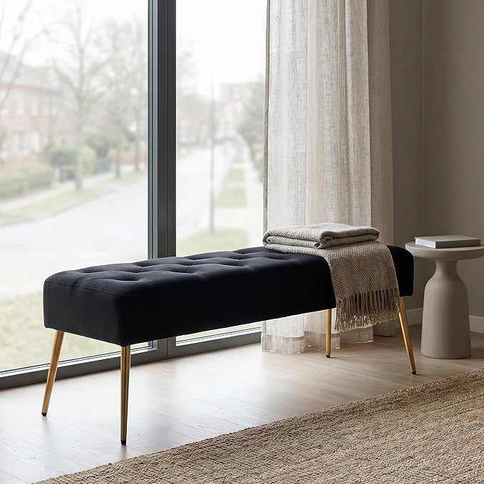 DUHOME Button-Tufted Ottoman Bench, Upholstered Bedroom Benches Velvet Footrest Stool Accent Bench for Entryway Dining Room Living Room Bedroom End of Bed, Black