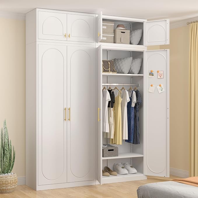 UNICOLY 86" Armoire Wardrobe Closet, 71'' Metal Closet with 15" Cabinets, Wardrobe Cabinet with Hanging Rod, for Bedroom School, Employee, Gym, Armarios De Ropa para DormitorioAssembly Required, White