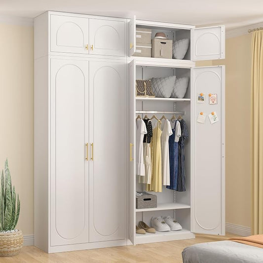 UNICOLY 86" Armoire Wardrobe Closet, 71'' Metal Closet with 15" Cabinets, Wardrobe Cabinet with Hanging Rod, for Bedroom School, Employee, Gym, Armarios De Ropa para DormitorioAssembly Required, White
