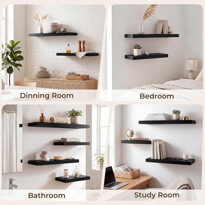 RICHFOCUS 40Inch Floating Shelves for Wall 1 Pack Shelves for Bedroom|Kitchen|Bathroom|Laundry Room Rustic Wood Wall Mounted Shelf with Invisible Brackets for Books|Storage|Decor, Black