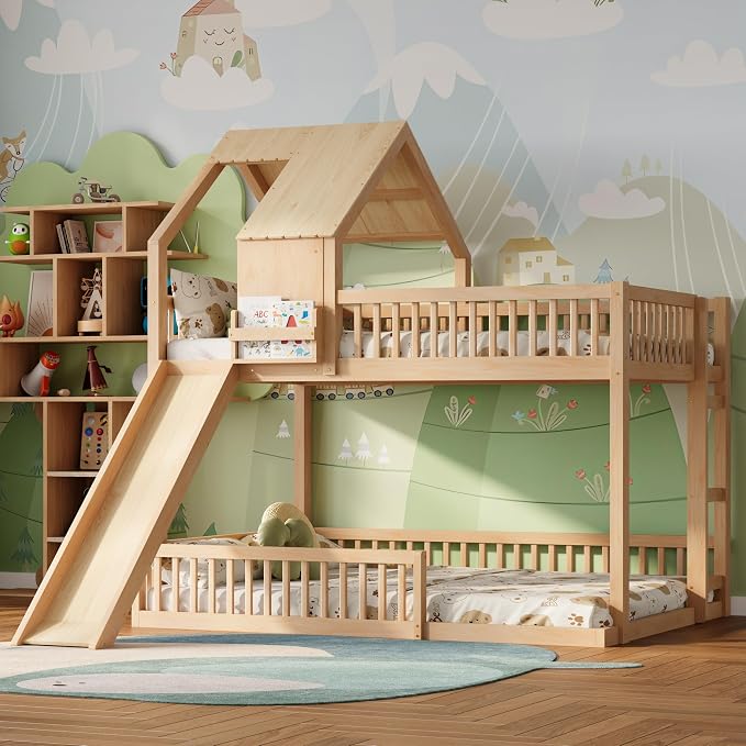SOFTSEA House Bunk Bed with Slide, Full XL Over Queen Wood Floor Bunk Bed Frame with Roof, Guardrails and Ladder, Space-Saving, Natural