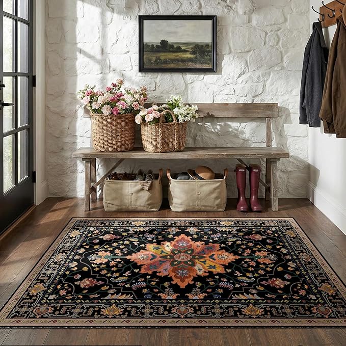 RELEANY Area Rugs 3'x5' Washable Non-Slip, Floral Vintage Distress Medallion Carpet for Living Room Bedroom Dining Room, Black Colorful Floral Dark Tan
