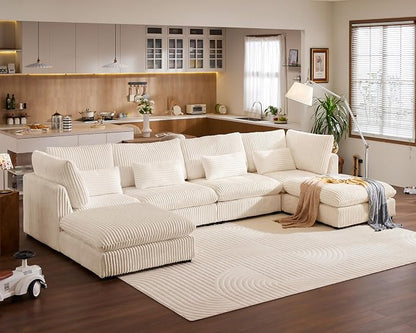154" Oversized Corduroy Couch Modular Sectional Sofa, Washable Cloud Couch Sectional with 2 Ottoman, 6 Seater Sectional Couches for Living Room, Fully Cover Removable, U Shaped, Corduroy, White