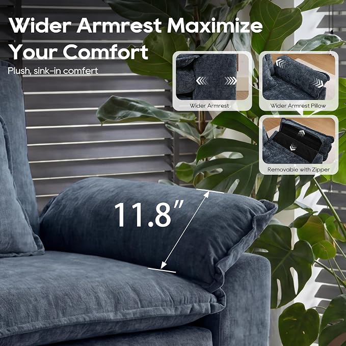 URRED Oversized Modular Sectional Sofa, 87" L Shaped Modern Comfy Cloud Couch with Movable Ottoman & Pillows, Deep Seat Couches for Living Room, Bedroom or Apartment (Chenille Blue, 87" L Shaped)