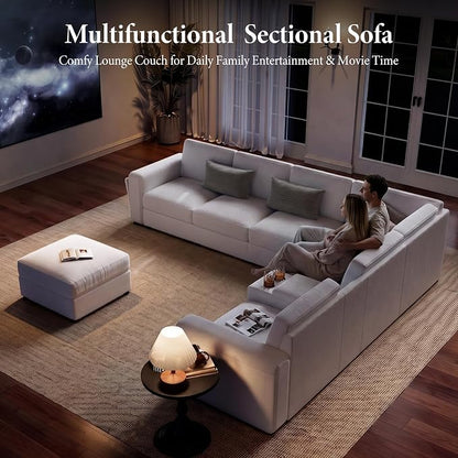 Vesgantti Oversized Modular Sectional Sofa, 5-Seater Chenille L Shaped Modular Couch, Corner Sofa with Storage Armrests, Large Comfy Sectional Couches for Living Room, Apartment, Beige