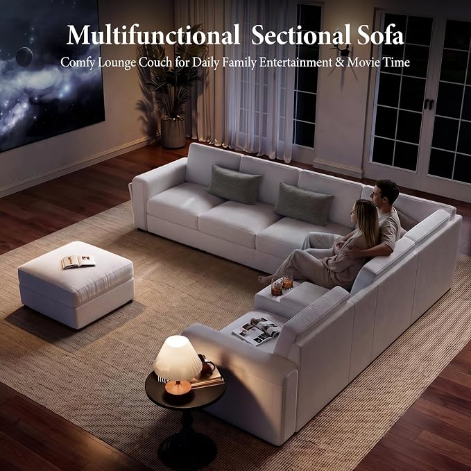 Vesgantti Oversized Modular Sectional Sofa, 6-Seater Chenille L Shaped Modular Sofa with Ottoman, 2 Cup Holders, USB Port, Storage Box, Sectional Couches for Living Room, Meeting Room, Beige