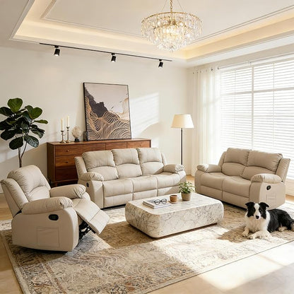 Reclining Couch Sofa Set Anti-Scratch Leather Recliner Couch Loveseat for Living Room, Bedroom, RV, Theater Seating(3 Seat Sofa+Loveseat,Beige)