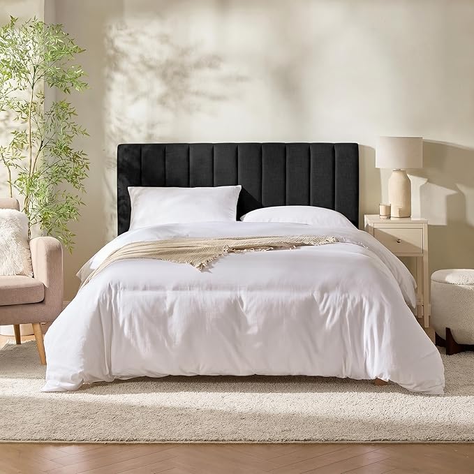 Hearth & Harbor Wall Mounted King Headboard Only, Bed Headboard King Size | Easy Assemble, Floating Peel and Stick, Upholstered, Channel Stitched, 3D Wall Panels, 5 Strips of 3M Tape Included, Black