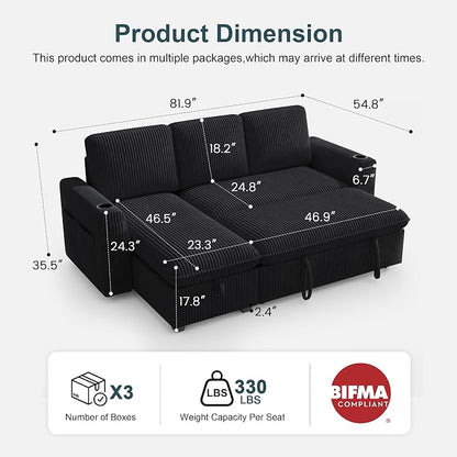 Sectional Sleeper Sofa with Pull Out Bed, Plush Corduroy Sectional Sofa with Storage Chaise and Adjustable Backrest, Cloud Sectional Couches for Living Room, Apartment, Black