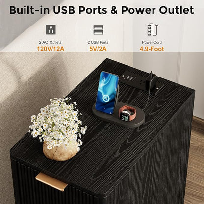 Homleke Narrow End Table with Fluted Drawer and Charging Station, Small Nightstand with USB Ports & Outlets, Bedside Table for Bedroom or Living Room, Modern Accent Table, Black