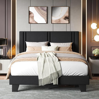 Einhomn Upholstered Full Size Bed Frame with Linen Fabric Headboard, Strong Wooden Slats Support, Noise Free, No Box Spring Needed, Black