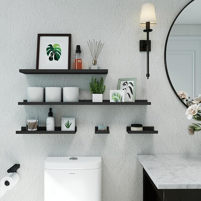 Small Black Floating Shelves for Wall Decor, Wall Mounted Wood Shelf for Bedroom, Living Room, Bathroom, Kitchen, Nursery, Display Ledge Shelf with Lip Set of 2-8 Inches, Black