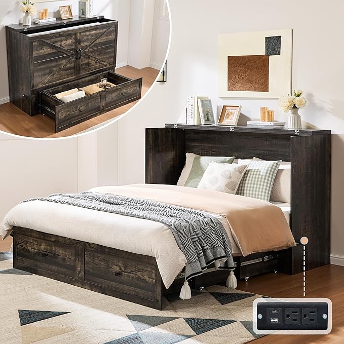 AMERLIFE Full Murphy Bed Cabinet with Charging Station and Storage, Farmhouse Foldable Platform Bed for Guest Room, Office, Small Spaces, Black Oak