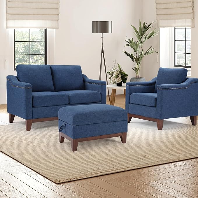 HAOMARKETS 3 Piece Fabric Sofa Set with Nailhead Trim, Included Accent Chair,Loveseat 2-Seater Sofa with Thicked Cushion and Storage Ottoman with Flip-Top Table for Living Room,Blue