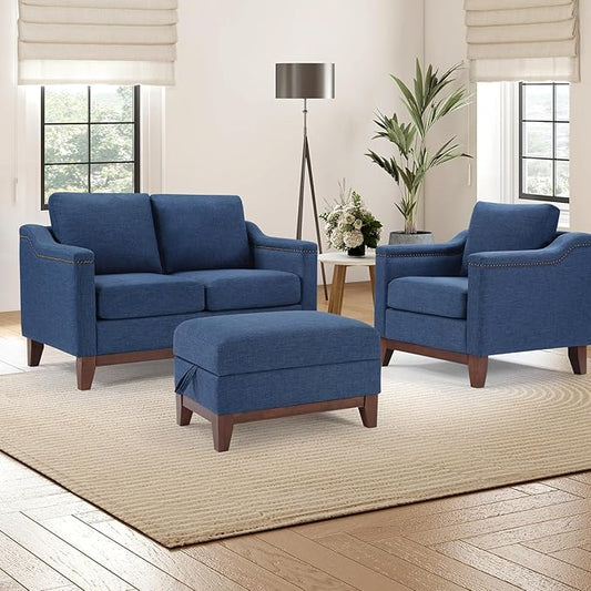 HAOMARKETS 3 Piece Fabric Sofa Set with Nailhead Trim, Included Accent Chair,Loveseat 2-Seater Sofa with Thicked Cushion and Storage Ottoman with Flip-Top Table for Living Room,Blue