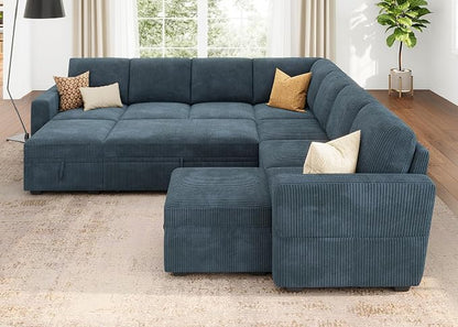 HONBAY Modular Sectional Sleeper Sofa with Pull Out Couch, Corduroy Oversized Sectional Couches Pull Out Bed with U Shaped Sleeper Storage for Living Room - Blue