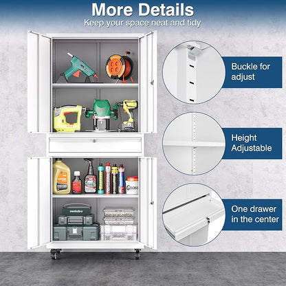 White Metal Storage Cabinet with Wheels, 73" Tall Garage Rolling Storage Cabinets with Doors and Shelves, Lockable Tool Caninet Steel Locking Cabnets for Home Office, Garage, Pantry