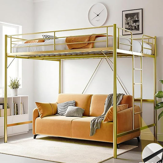 VINGLI Queen Loft Bed with Flat Rungs for Adults, Kids and Young Teens, No Box Spring Required,Heavy Duty Metal Slat Support, Gold
