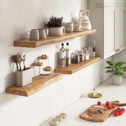 Live Edge Floating Shelves for Wall Decor, Solid Elm Wood Floating Shelves Wall Mounted, Rustic Wall Shelves with Invisible Bracket for Living Room Bathroom Bedroom Kitchen, 24 Inch Set of 2, Natural