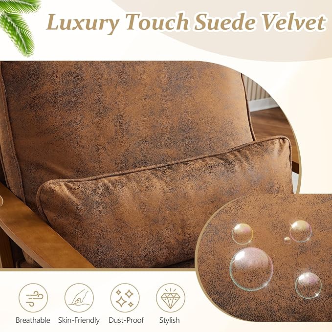 VINGLI Solid Wood Wide Armrests Accent Chair,Upholstered Mid Century Modern Chair with Pillow,Comfy Reading Chair Farmhouse Arm Chair,Chairs Living Room,Bedroom,Guest Room,Suede,Rustic