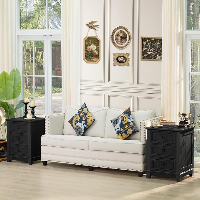 Joaxswe 18" Farmhouse Night Stand with 3 Drawers, Wood End Table Dresser for Bedroom, Black Nightstand, Bed Side Table with Metal Handle, Bedside Cabinet for Bedroom Living Room, Closet