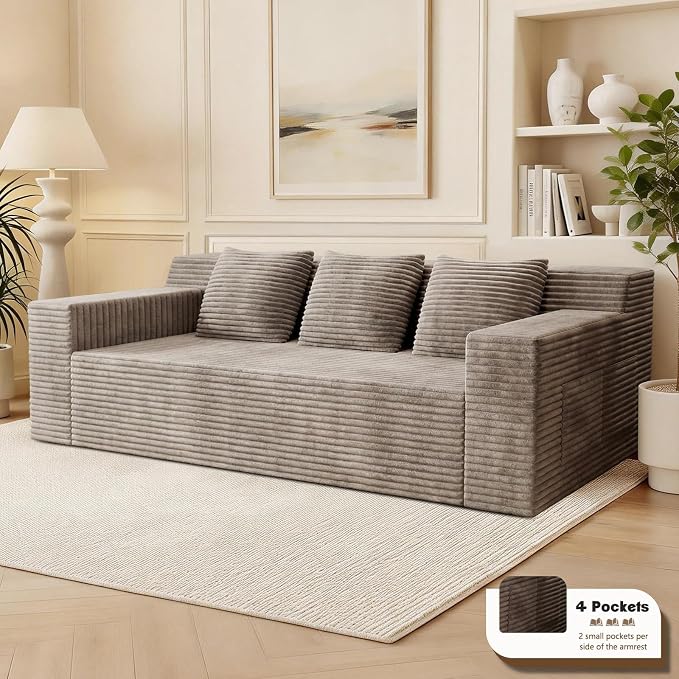 Kurhwyss 71" Corduroy Living Room Sofa, 3 Setaser Deep Seat Couch with 3 Lumbar Pillows, Comfy Boneless Sofa Modern Compressed Couch for Bedroom, Office, Apartment, No Assembly, Flat Armrests (Camel)