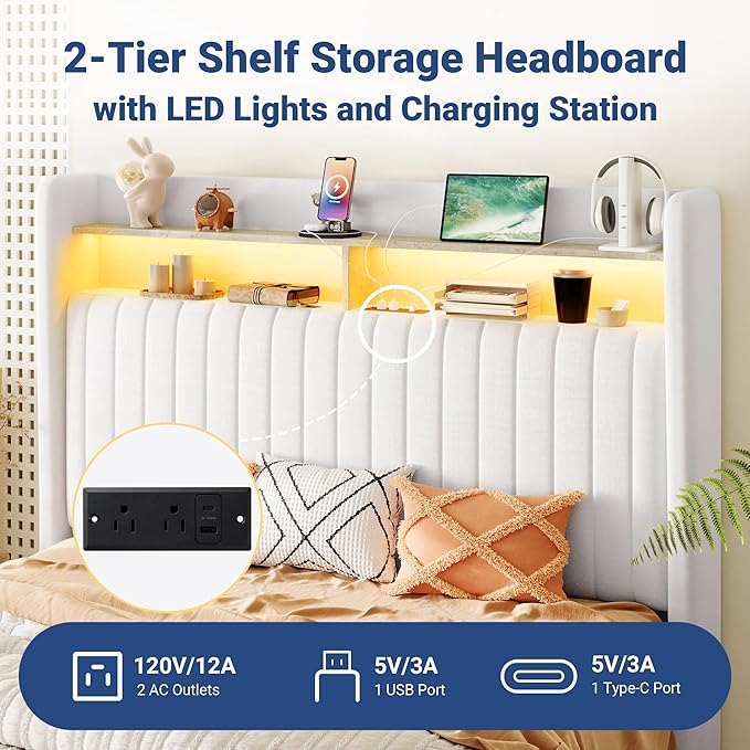 Allewie Full Size Lift Up Hydraulic Storage Bed Frame, 2-Tier Shelf Headboard with LED Lights and Charging Station, USB and Type C Ports, Wingback Velvet Headboard, No Box Spring Needed, White