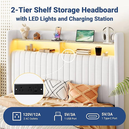 Allewie Full Size Lift Up Hydraulic Storage Bed Frame, 2-Tier Shelf Headboard with LED Lights and Charging Station, USB and Type C Ports, Wingback Velvet Headboard, No Box Spring Needed, White
