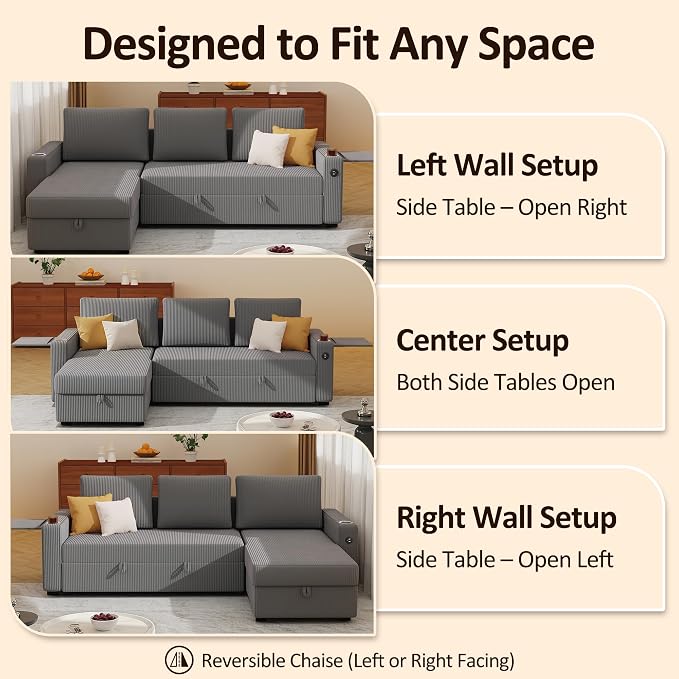 Ball & Cast 80" Sectional Sleeper Sofa Bed Pull Out Couches for Living Room | L Shaped Convertible Pull Out Sofa Bed with Storage Chaise, LED Lights, Foldable Table, USB Ports, Cup Holder and Side Pocket