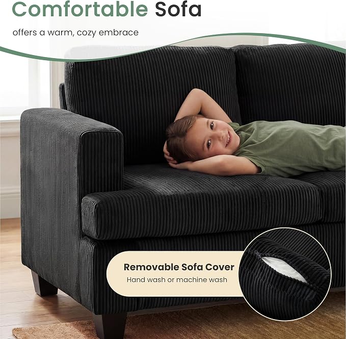 3 Pieces Corduroy Couch Set for Living Room, 7 Seats Cloud Sofa, Deep Seat Floor Couch for Bedroom, Futon Modern Sofa Sectional Bed, Black Corduroy