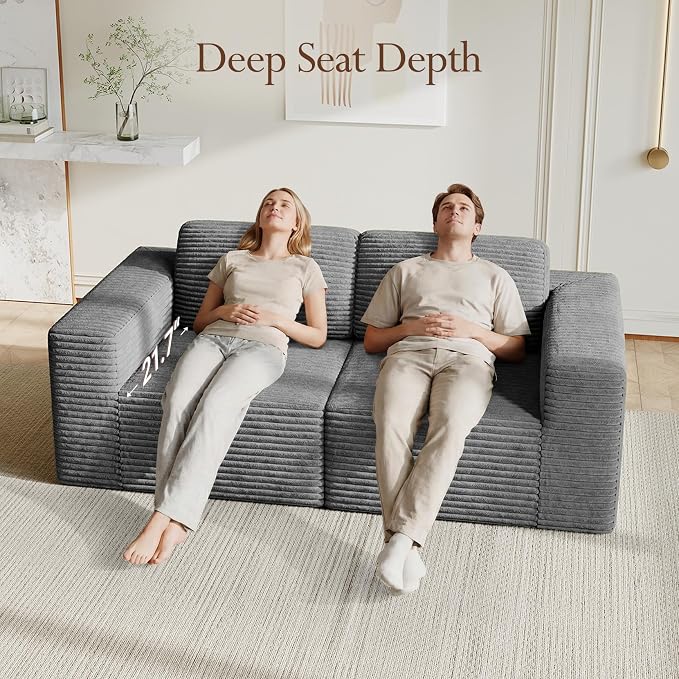 Vesgantti 80" Modular Sectional Sofa, Corduroy Cloud Couch with Deep Seating & Spring Support, 2 Seater Compact Modular Couch, Boneless Sectional Sofa for Small Spaces, No Assembly Required, Grey