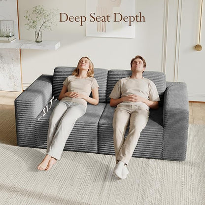 Vesgantti 80" Modular Sectional Sofa, Corduroy Cloud Couch with Deep Seating & Spring Support, 2 Seater Compact Modular Couch, Boneless Sectional Sofa for Small Spaces, No Assembly Required, Grey