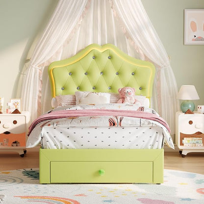 Twin Size Bed Frame for Girls with Storage Drawers & LED Lights, Upholstered Platform Bed, Velvet Crystal Button Princess Bed, Noise-Free Slats, No Box Spring Needed for Kids, Teens, Avocado Green