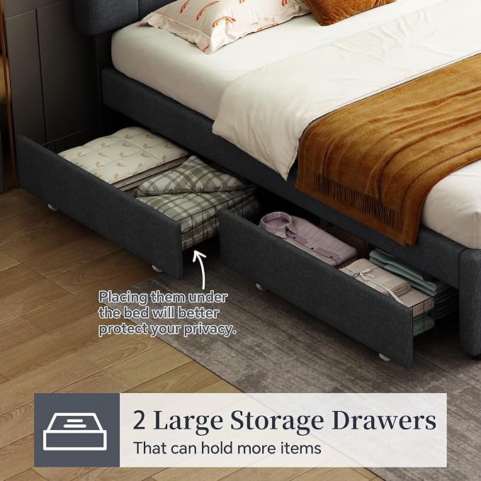 Queen Size Upholstered Platform Bed w/Trundle Bed & 2Storage Drawers | Twin Size Trundle,Two Drawers,LED Lighting Controlled by APP, USB+Type-C Charging Ports,Linen Upholstered Bed Frame,Dark Grey