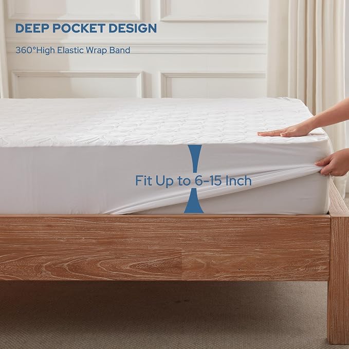 BEDLORE Waterproof Mattress Protector, Twin Size Mattress Pad with Deep Pocket 6"-15" Depth, Soft Breathable Single Bed Mattress Cover for Bedroom, Dorm Room (White)