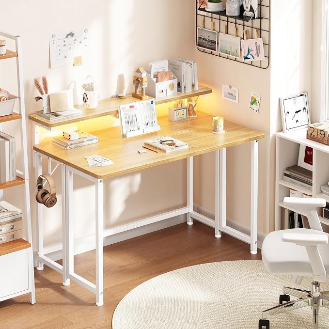 DurayLoly Folding Table with RGB Light for Small Space, 31.5" Folding Computer Desk for Space Saving Sofa Table for Couch, Home Work Office Desk with Monitor Stand, Easy to Fold with Hooks, Oak