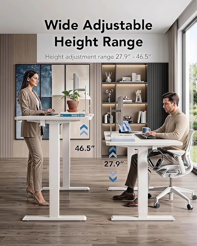 HUANUO Electric Standing Desk,53" x 28" Height Adjustable Desk, 4 Memory Height Settings, Sit to Stand Up Desk for Home Office, with Headphone Hook, Cable Manager, White
