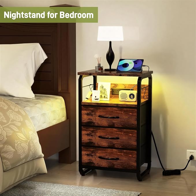 runjuly Night Stand with Charging Station, LED Nightstand with 3 Fabric Drawers and Hooks, Small End Table with Light and USB C Port, Storage Side Table for Bedroom, Rustic Brown