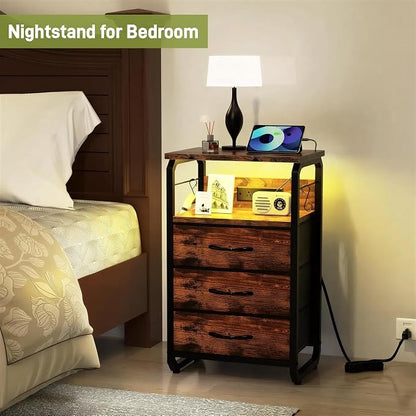 runjuly Night Stand with Charging Station, LED Nightstand with 3 Fabric Drawers and Hooks, Small End Table with Light and USB C Port, Storage Side Table for Bedroom, Rustic Brown
