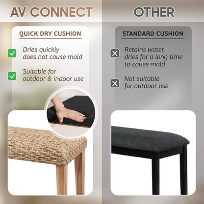 Outdoor Backless Bench, All-Weather Wicker & Solid Acacia Wood, Premium Garden Bench with Woven Rattan Seat and Thick Outdoor Cushion for Patio, Porch, Living Room or Entryway (Natural, PE Wicker)