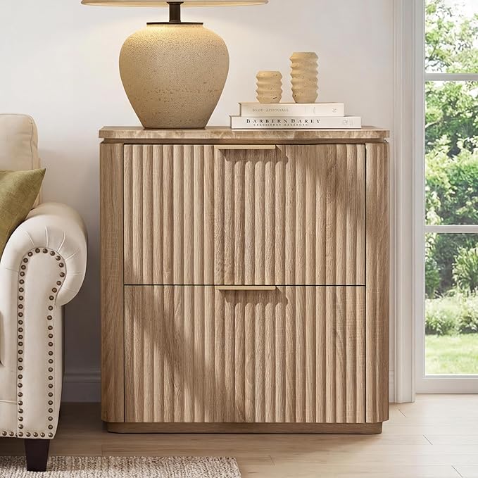 Fluted Nightstand with Faux Marble Top, Modern Bedside Table | FSC-Certified Engineered Wood, 24" H, 2 Drawers, Rounded Corner, Metal Handle, for Bedroom, Natural Oak