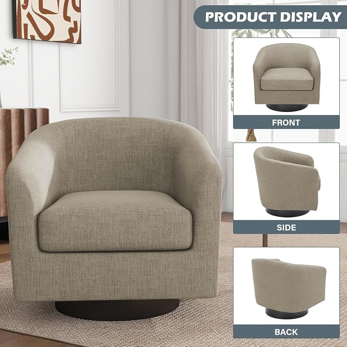 Swivel Barrel Accent Chairs Set of 2, Fabric Upholstered Armchair Comfy Club Chair for Living Room, Modern Bedroom Single Sofa Reading Seat, Light Brown