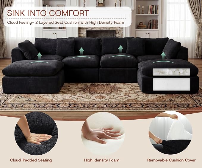 GRUSIGN 141'' Oversized Boneless Cloud Couch for Living Room, Modern Big Sectional Compressed U Shape Couch with 2 Ottoman, Comfy Chenille Deep Seat Memory Foam Spineless 6 Seater Sofa,Black